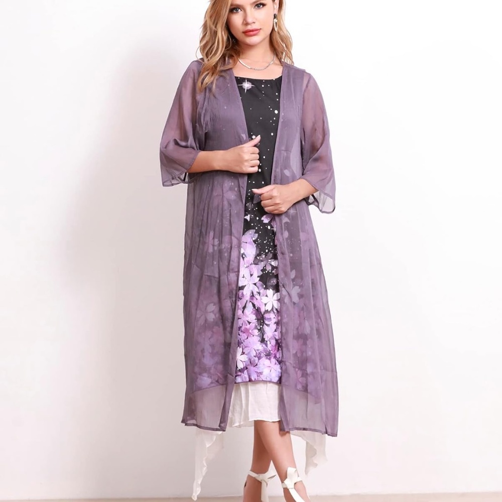 Honwenle Purple Plus Size Dress with Sheet Jacket